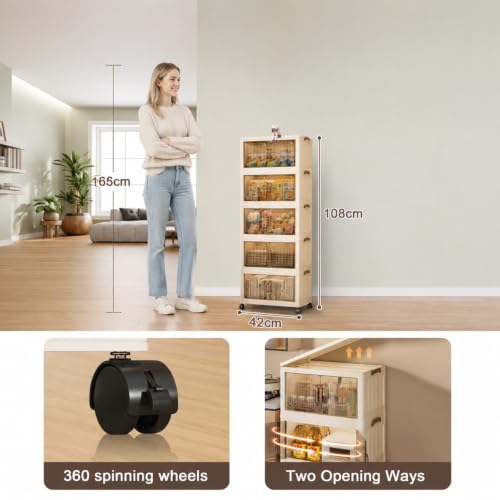 Cestbella Stackable Storage Bins with Lids, 5 Tier Storage Cabinet with Wheels Dual Opening Storage Box, Collapsible Closet Organizer Foldable Clothes Snacks Toys Book Container Case 42x26x108cm