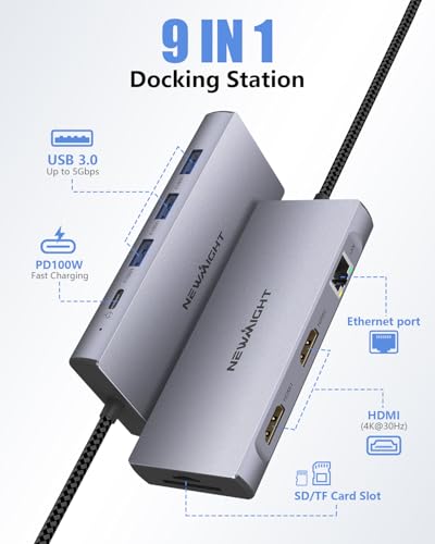 USB C Docking Station, Newmight 9 in 1 Dual HDMI Hub Adapter Type C to Ethernet RJ45 Gigabit PD 100W SD TF Card Reader Compatible with DELL/HP