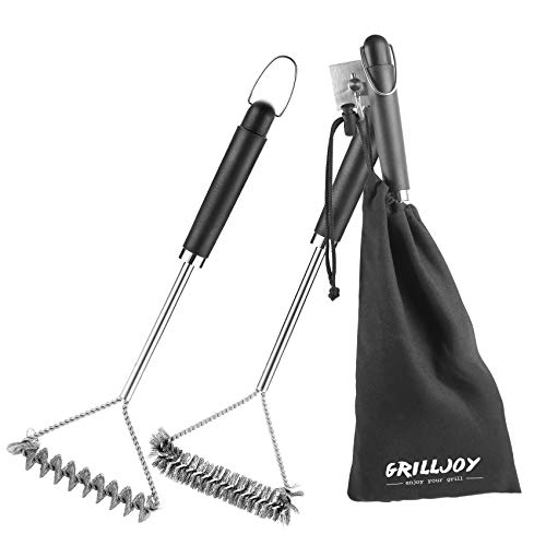 Grilljoy 3pcs Grill Brush Set includes Wire Brush and Bristle Free Brush - 17.5'' Safe Stainless Steel Barbecue Cleaning Brush for Weber Gas/Charcoal Grilling Grates - Perfect BBQ Cleaner Accessories.