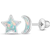 In Season Jewelry Simulated Opal Moon & Star Earrings - 925 Sterling Silver Hypoallergenic Earrings for Girls with Safety Screw Backs - Safe & Comfortable for Toddlers, Kids & Little Girls