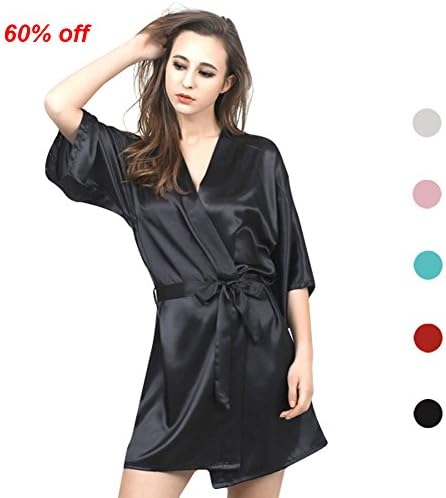 SexRt Women's Pure Color Satin Kimono Robe with Oblique V-Neck, ShortCSSQ01,blackS