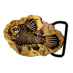 Bronze Fish Fossil Belt Buckle Etched Metal Prehistoric Rock Bones Ocean Animal
