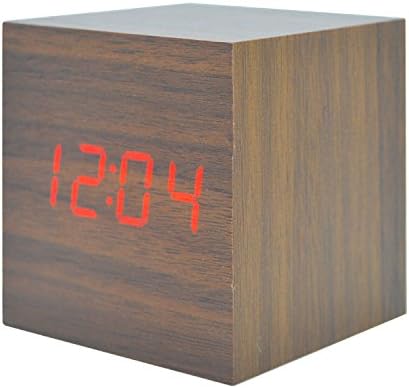 GO HAND Cube Wooden LED Alarm Clock of 3 Setting Desktop Silent Operation Electronic Digital Calendar Home Snooze Travel Clock With Sound Control Function (Brown Wood Red Light)