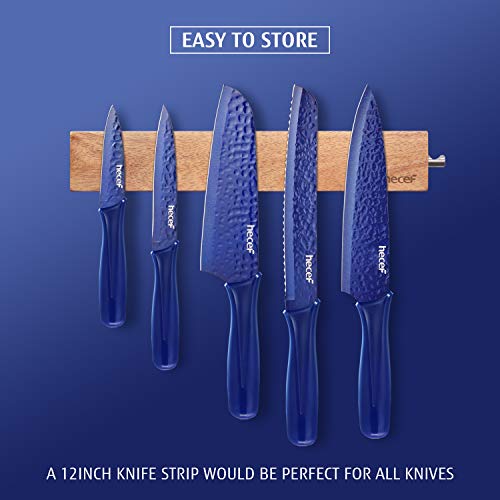 Hecef Galaxy Blue Kitchen Knife Set of 5, Non-slip Metallic Ceramic Coated Chef Knife Set, Hammered Blade with Plastic Handle and Protective Blade Sheath