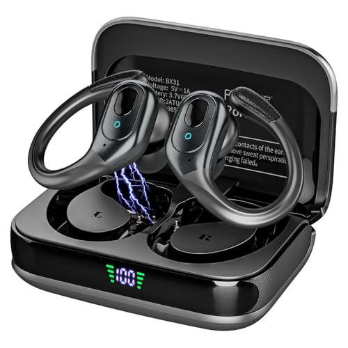 Fones de ouvido esportivos sem fio, fones de ouvido estéreo Bluetooth, 75 horas de reprodução, com microfone HD, cancelamento de ruído ENC, tela de LED duplo, à prova d'água IP7