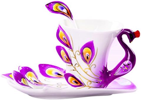Cup Saucer Sets,BBDI Hand Crafted Porcelain Enamel Peacock Tea Coffee Cup Set with Saucer and Spoon - Purple