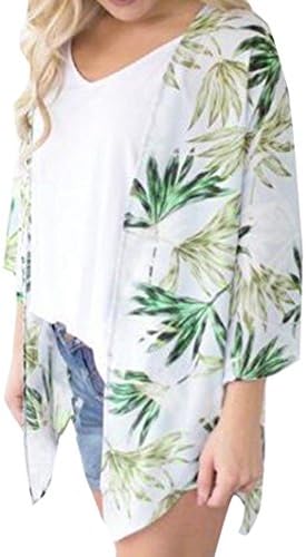 Tootu Women Chiffon Loose Shawl Print Kimono Cardigan Top Cover Up Blouse Beachwear (L, L)