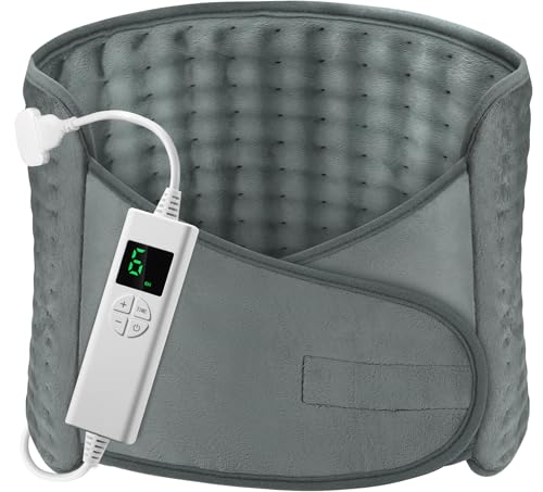 OneAmg Electric Heated Cushion 126 x 30 cm Lumbar Heating Belt 6 Temperature Levels and Automatic Shut-Off Washable Heated Belt with Velcro for Back Cervical Abdomen Grey