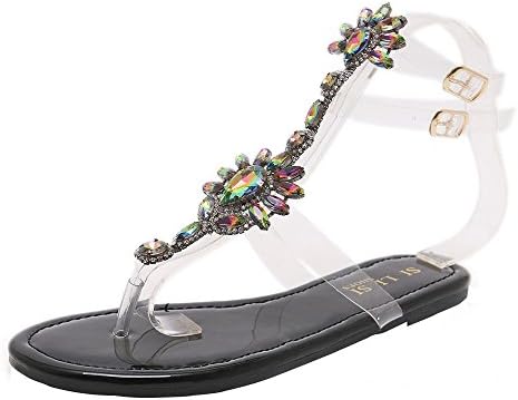 Womens Rhinestone Sandals, NDGDA Chains T-Strap Comfortable Flat Crystal Sandals