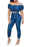 FISACE Women's Short Sleeve Off Shoulder Denim Crop Top Pants Suit Set Jumpsuit 2 Pieces