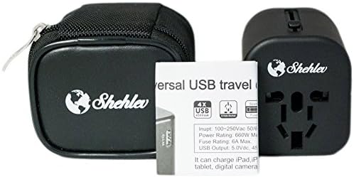 Shehlev International 4.5 Amp Electronics Power Adapter Kit for Travel US/UK/AU/EUR/ASIA Worldwide Wall Charger All in One Universal Travel Adapter 4 USB Charger Travel Converter Built in Spare Fuse.