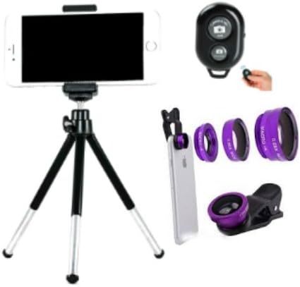 Cell Phone Camera Kit, Cell Phone Tripod, Bluetooth Remote and 3 in 1 ( Cell Phone Camera Lens Kit (PURPLE LENSES) with Fisheye, Wide Angle and Macro Lenses, iPhone and Samsung PURPLE