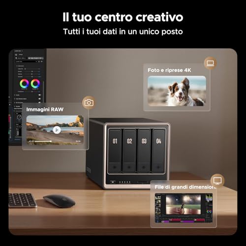 UGREEN NASync DXP4800GT NAS Desktop 4-Bay, AMD Ryzen R2514, Dual 10GbE, 8GB RAM DDR4 (fino a 64GB), supporto ECC, slot U.2 e M.2, per creator, team e casa (Diskless)