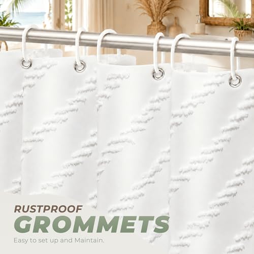 White Boho Fabric Shower Curtain 72 x 72 Inches, Modern Shabby Chic Textured Tufted Chevron Striped Minimalist Cloth Bathroom Shower Curtain