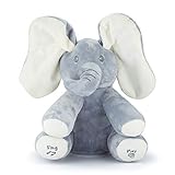 JamBea Peek-a-Boo Elephant Plush Toy- Animated Hide and Seek Game, Music, Singing Stuffed Animal, Doll for Education for Both a boy and Girl and Baby, White, 14