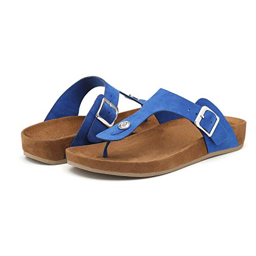 Women's T-Strap Thong Sandals Buckle Slip On Flip-Flops Beach Casual Platform Footbed Slippers (8, Blue)