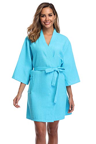 Vogue Bridal Waffle Weave Kimono Robe with Embroidered Bathrobe for Bridesmaid,Sky Blue