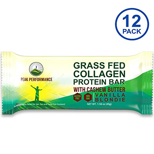 Grass Fed Collagen Protein Bar by Peak Performance. DELICIOUS Paleo and Keto Friendly Snack With Organic Cashew Butter. CLEAN, Non GMO, Gluten Free Vanilla Flavor Bars. A Perfect Primal Treat! 12 Pack