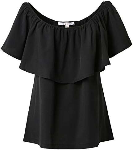 BLDO Women's Ruffles Off Shoulder Solid Chiffon Blouse Crop Top (XXL, Black)