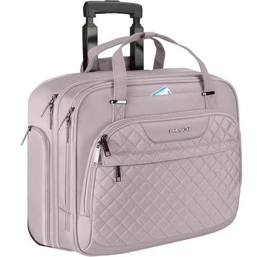 EMPSIGN Laptop Rolling Bag for Women with Wheels 15.6 Inch on Wheels, Overnight Water Repellent Rolling Computer Bag with RFID Pockets, Pink