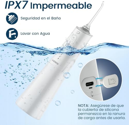 Irrigador oral portátil, irrigador dental profissional sem fio vimmk 8 bicos 5 modos, ipx7 à prova d'água 300ml usb-c recarregável para limpeza de dentes, para casa e viagens (branco)
