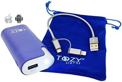 Portable Cell Phone Charger (External Power Bank) w/ Free Apple iPhone Lightning / Android MicroUSB Combo Charging Cable, LED Flashlight & Free Carrying Case by TOZY