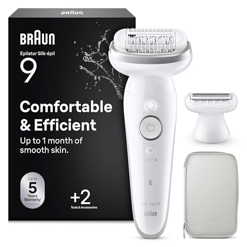 Braun Silk·épil 9 Epilierer Damen mit Schwenkbarem Kopf für Eine Einfache Haarentfernung, Wet&Dry, Langanhaltend Glatte Haut, Wasserdicht — Inkl. Rasieraufsatz und Trimmeraufsatz — 9-041, Silber