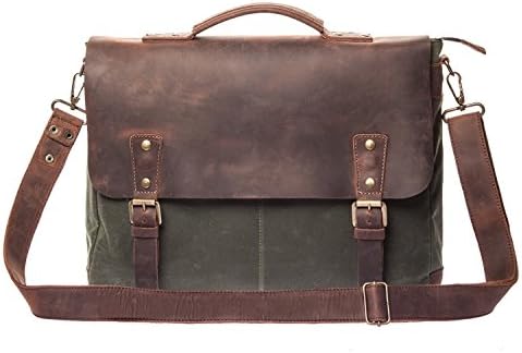 Vintage Handmade Waxed Canvas & Leather Messenger Bag - Mens Business Briefcase - Fits Laptops Up to 15 inch - Waterproof & Lightweight Everyday Satchel - Brown