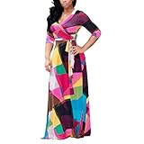 Akmipoem Women 3/4 Sleeve Floral Print Self-tie Plus Size Surplice Swing Maxi Bohemian Dress