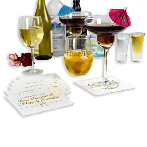 Napkins for Weddings, Rehearsal Dinners, More -"Cheers to Love, Laughter & Happily Ever After" Gold Lettered White Cocktail Napkins, 4.9 sq. in. Fancy Beverage Napkins & Decór by Bollepo (50)