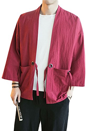 Plaid&Plain Men's Vintage Kimono Cardigan Casual Linen Pocket Cardigan Coat Wine Red L