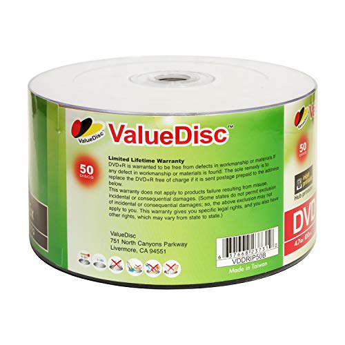 ValueDisc,White Inkjet Hub Printable DVD+R 16x 4.7GB/120 Minute Disc 50-Pack
