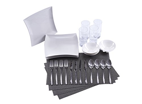 The Kyoto Collection by Ensemble - Designer Curated Place Setting for 4 (Dinnerware, Glassware, Flatware and Placemats)