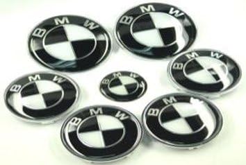 Black White Color Round Emblem Logo Badge Set 7pcs Set 82mm Hood / 82mm Trunk / 68mm Wheel Caps / 44mm Steering Emblem For BMW Car Model