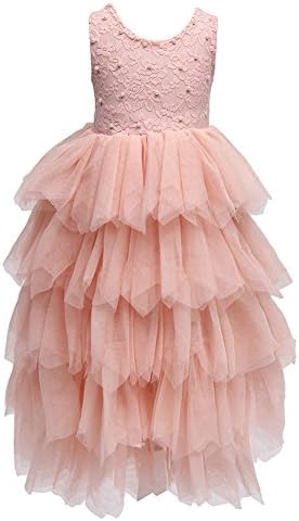 Everweekend Girls Tutu Lace Dress Beading Ruffles Princess Pink Party Dresses (8T)
