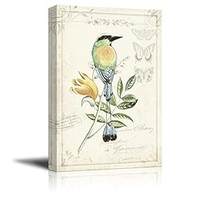 Canvas Wall Art - Vintage Style Bird Standing on Tree Branch Floral Background - Giclee Print Gallery Wrap Modern Home Art Ready to Hang - 12x18 inches