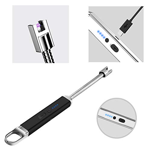 Lighters,Candle Lighters, Electric Lighters Long Flexible Flameless Windproof USB Rechargeable with Hook Battery Indicator Safety Designs for Candles, Grill, BQQ, Kitchen, Camping, Fireplace, Beach