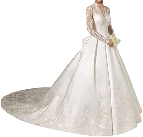 QSL Womens V Neck Lace Chapel Train Long Sleeves Embroidery Bridal Wedding Dress