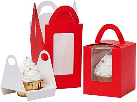 Walk Arrive Cupcake Box Clear Display Window with Strong Handle and Secure Insert Cake Box Bakery Box Cupcake Carrier Cupcake Holder for Baby Shower Wedding Birthday Festival Party (30, Red)