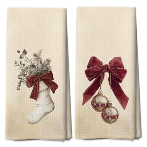 Vintage Bow Stocking Christmas Hand Tea Dish Towels for Kitchen Decor 2 Pcs at Amazon