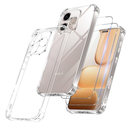 Vauki Clear Cover for Honor 600 Lite 5G with 2 Pieces Tempered Glass Film, Transparent Shockproof Case with TPU Bumper, Soft Thin Anti Yellowing Case