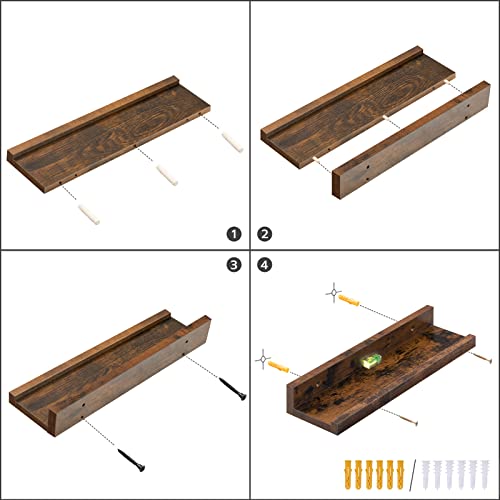 HOOBRO Floating Shelves for Wall, Wooden Floating Shelves Set of 3, Wall Mounted Shelves for Living Room, Wall Shelf with Raised Edge, Invisible Bracket, for Bathroom, Bedroom, Rustic Brown EBF90BJ01