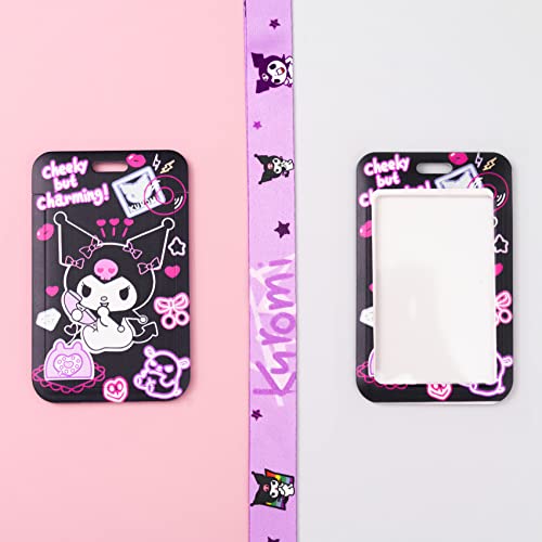 Cartoon Lanyard ID Holder Kawaii Cat Key Card Cute Badge Holder with Lanyards for Girls Women Gift (Purple)