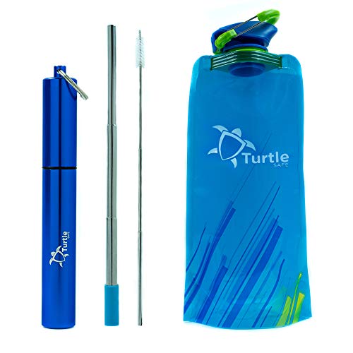 Collapsible Reusable Straw, Food Grade Extendable FDA Approved Stainless Steel Telescopic Drinking Straw, Aluminum Case, Cleaning Brush & BPA Free Water Bottle Gift Set for Travel, Home, Kids.(2019)