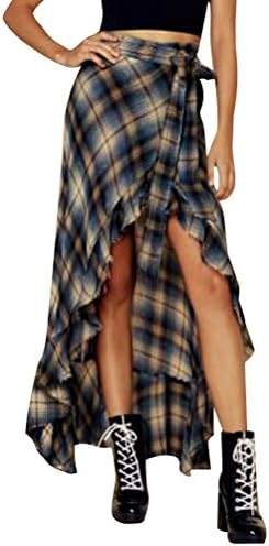 ZJP Women Bohemian High Waist Tie Up Asymmetric Hem Pleated Plaid Maxi Skirt