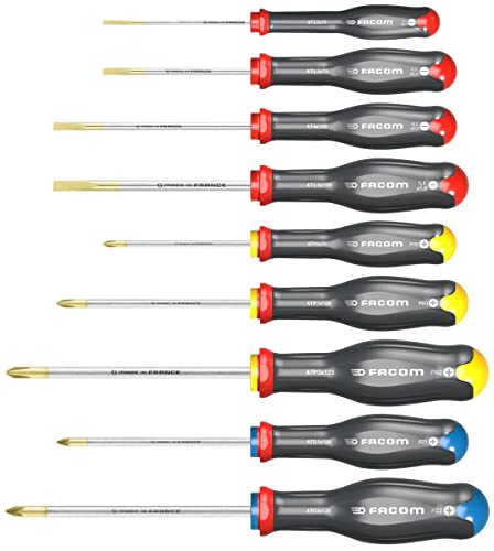 FACOM Set of 9 Protwist Screwdrivers - Ergonomic Non-Slip Handles - 4 Slot + 3 Phillips + 2 Prozidriv - At.9Pb Multi-Coloured