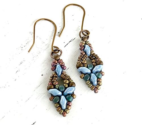 Blue Dainty Dangle Earrings - Antique Bronze Handcrafted Bead Woven - Beadwork With Seed beads and Super Duos - Beaded Drops