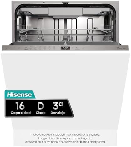 Hisense HV16D5 - Máquina de lavar louça integrada, classe D, 16 capacidade de serviços, altura 81,6cm x largura 59,8cm, secagem automática, programa automático, terceira bandeja, lavagem rápida de 15'