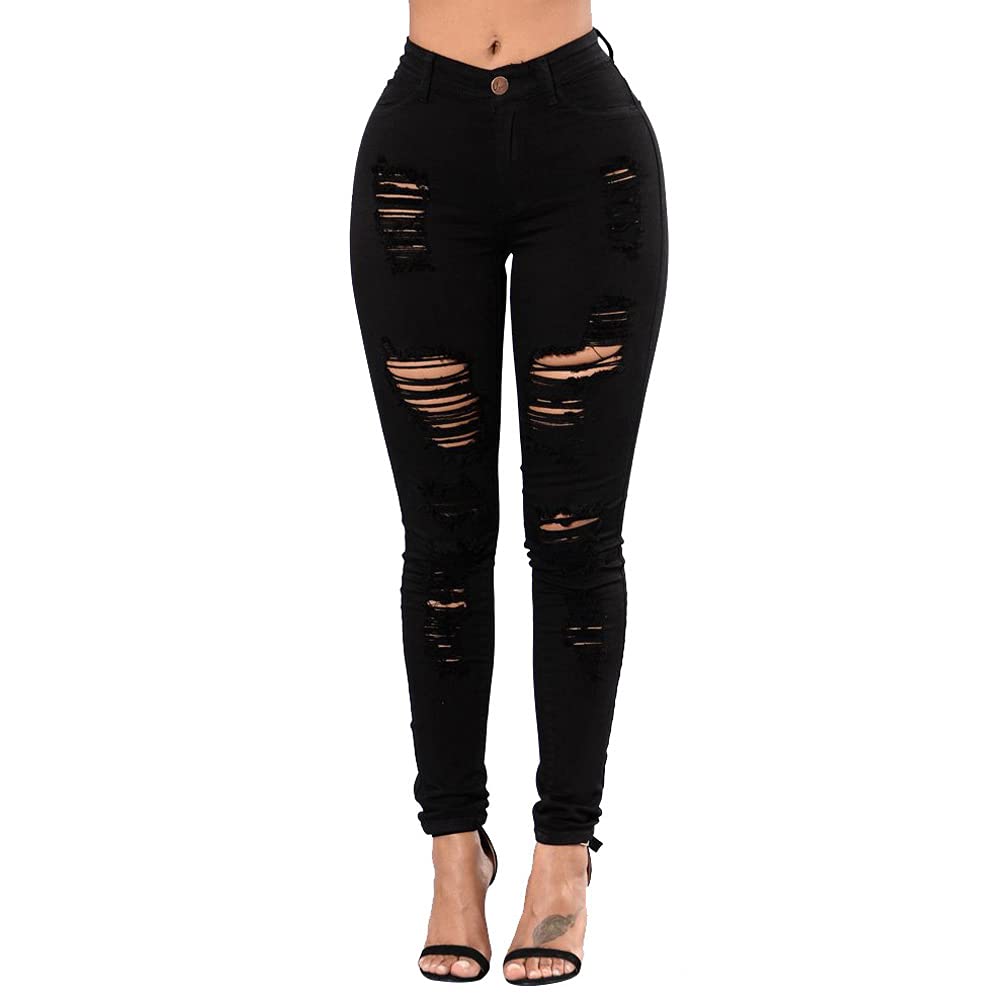 Photo 1 of TKMUNY Women's High Rise Stretch Skinny Ripped Jeans Distressed Denim Leggings (Black, S)