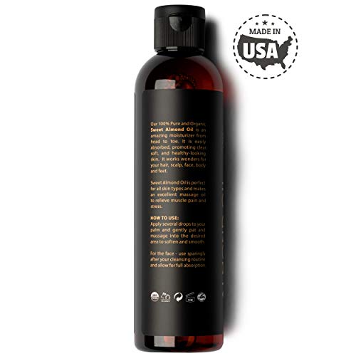 Eve Hansen Organic Sweet Almond Oil For Skin | (8 oz) Hair Growth Oil, Body Oil for Dry Skin, Carrier Oil for Essential Oils | Massage Oil, Organic Face Moisturizer for Skin, Hair Oil and Nail Oil
